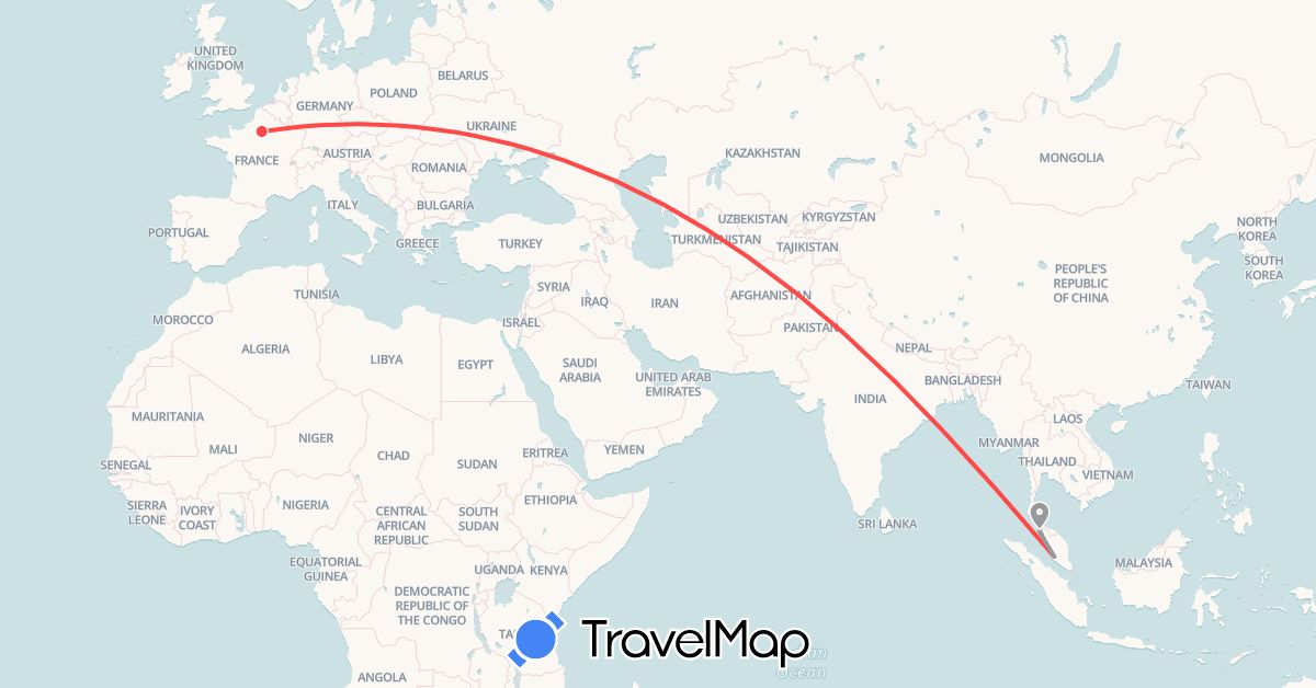 TravelMap itinerary: plane, hiking in France, Malaysia (Asia, Europe)